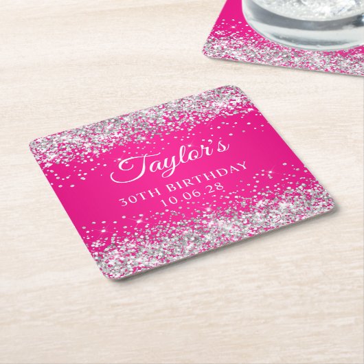 Zilveren Glitter Heet Roze 30e Verjaardag Kartonnen Onderzetters (Schuin)