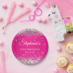 Zilveren Glitter Heet Roze 30e Verjaardag Papieren Bordje