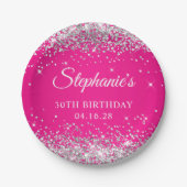 Zilveren Glitter Heet Roze 30e Verjaardag Papieren Bordje (Voorkant)
