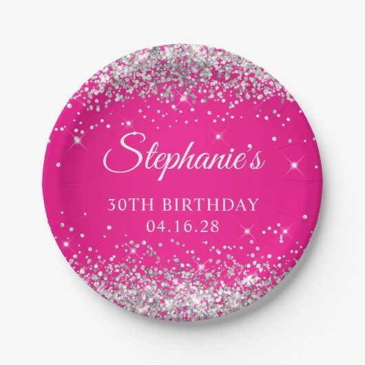 Zilveren Glitter Heet Roze 30e Verjaardag Papieren Bordje (Voorkant)