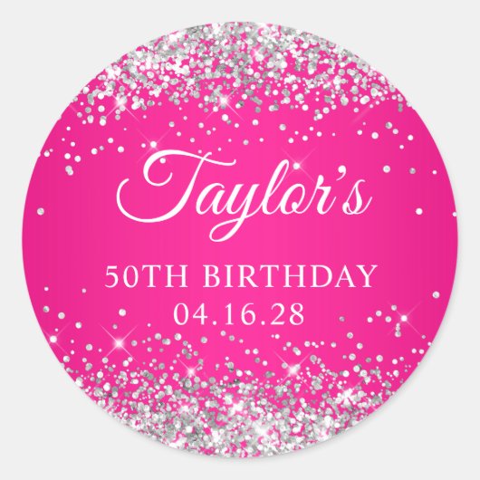 Zilveren Glitter Heet Roze 50ste Verjaardag Ronde Sticker (Voorkant)