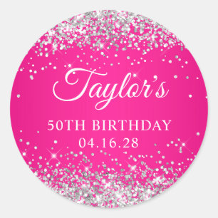 Zilveren Glitter Heet Roze 50ste Verjaardag Ronde Sticker
