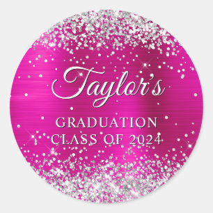 Zilveren Glitter Heet Roze Folie Afstuderen Ronde Sticker