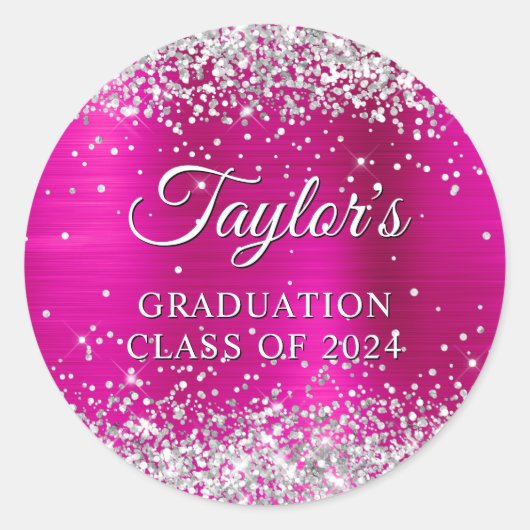 Zilveren Glitter Heet Roze Folie Afstuderen Ronde Sticker (Voorkant)