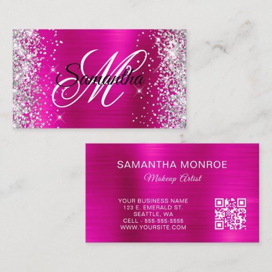 Zilveren Glitter Heet Roze Folie en QR Code Monogr Visitekaartje (Voorkant / Achterkant)