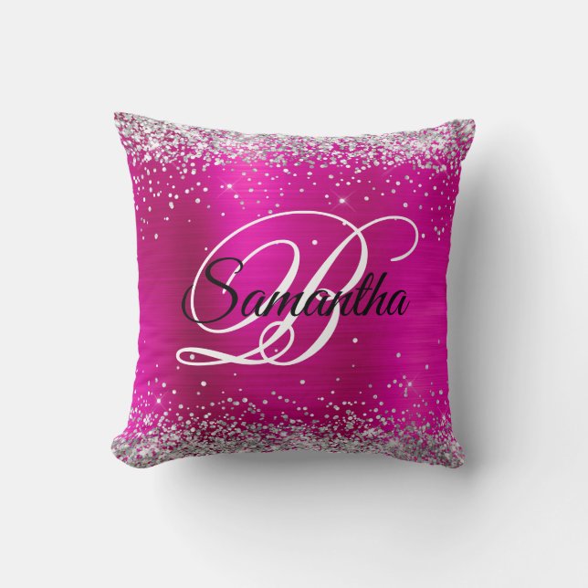 Zilveren Glitter Heet Roze Folie Fancy Monogram Kussen (Voorkant)