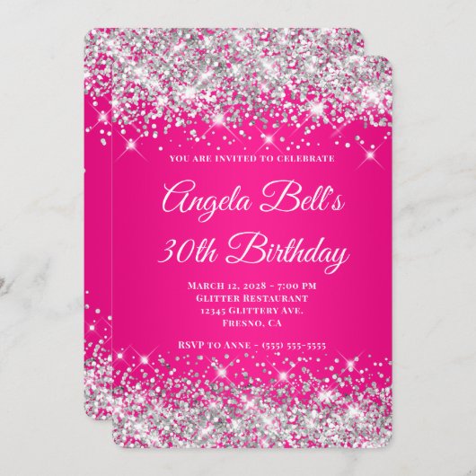 Zilveren Glitter Heet Roze Gradiënt 30e Verjaardag Kaart (Voorkant / Achterkant)
