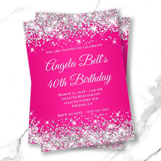 Zilveren Glitter Heet Roze Monogram 40e Verjaardag Kaart
