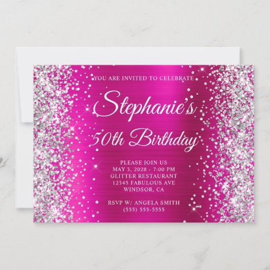 Zilveren Glitter Heet Roze Monogram 50e Verjaardag Kaart (Voorkant)