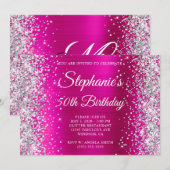 Zilveren Glitter Heet Roze Monogram 50e Verjaardag Kaart (Voorkant / Achterkant)