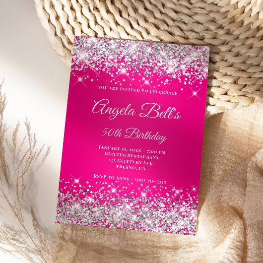 Zilveren Glitter Heet Roze Ombre Fancy Monogram Kaart