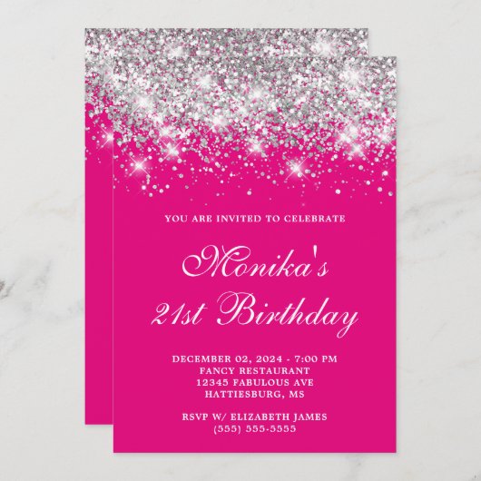Zilveren Glitter Heet Roze Vet 21e Verjaardag Kaart (Voorkant / Achterkant)