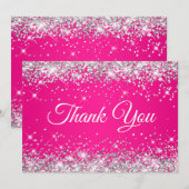 Zilveren Glitter Hot Pink 40th Verjaardag Bedankkaart (Voorkant / Achterkant)