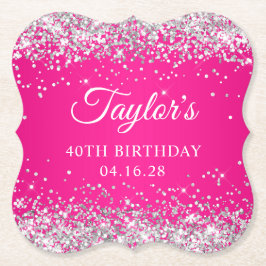 Zilveren Glitter Hot Pink 40th Verjaardag Kartonnen Onderzetters