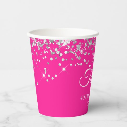 Zilveren Glitter Hot Pink 40th Verjaardag Papieren Bekers (Voorkant)