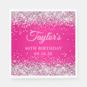Zilveren Glitter Hot Pink 40th Verjaardag Servet (Voorkant)