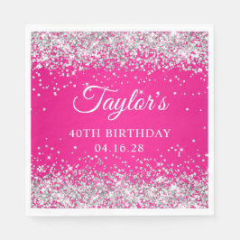 Zilveren Glitter Hot Pink 40th Verjaardag Servet
