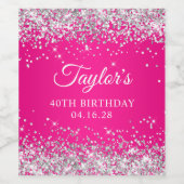 Zilveren Glitter Hot Pink 40th Verjaardag Wijn Etiket (Enkel label)