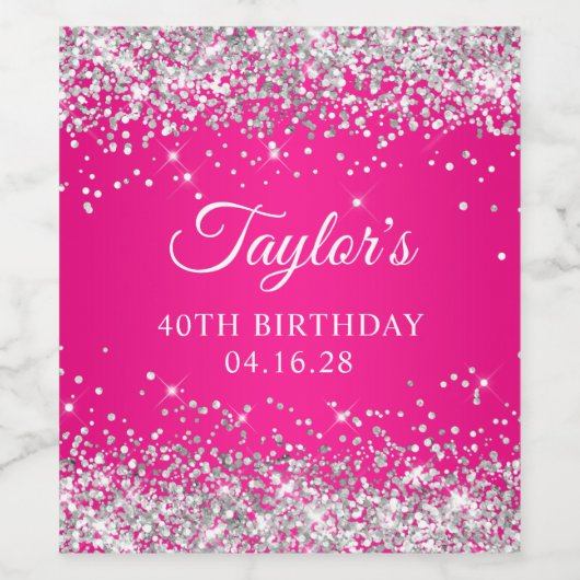 Zilveren Glitter Hot Pink 40th Verjaardag Wijn Etiket (Enkel label)