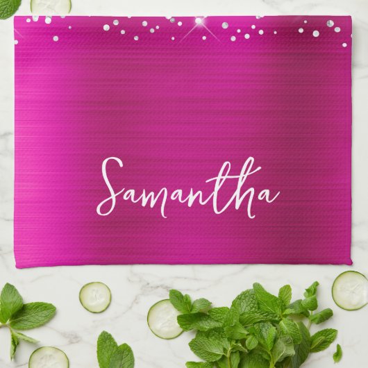 Zilveren Glitter Hot Pink Glam Naam Theedoek (Gevouwen)