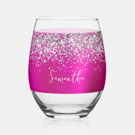 Zilveren Glitter Hot Pink Glam Naam Wijnglas Zonder Voet