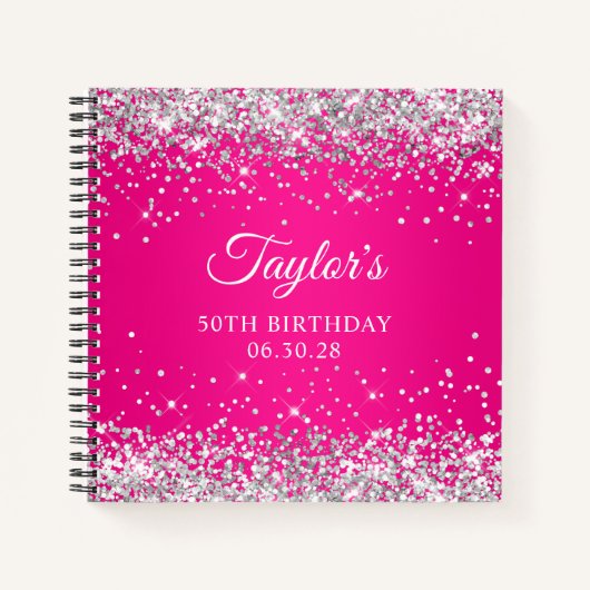 Zilveren Glitter Hot Pink Ombre 50e Verjaardag Gas Notitieboek (Voorkant)