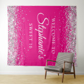 Zilveren Glitter Hot Pink Sweet 16 Verjaardag Welk Wandkleed (In Situ (horizontaal))