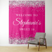 Zilveren Glitter Hot Pink Sweet 16 Verjaardag Welk Wandkleed (In situ)