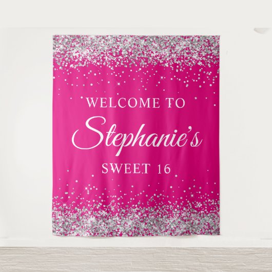 Zilveren Glitter Hot Pink Sweet 16 Verjaardag Welk Wandkleed (Voorkant)