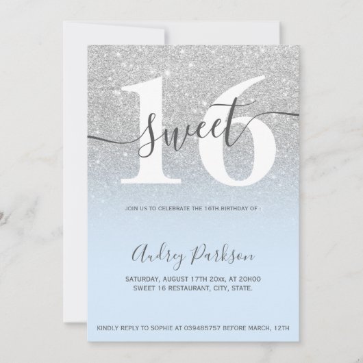 Zilveren glitter ijsblauw ombre girly Sweet 16 Kaart (Voorkant)