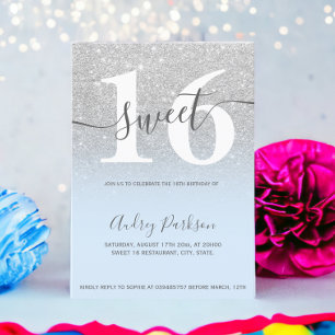 Zilveren glitter ijsblauw ombre girly Sweet 16 Kaart