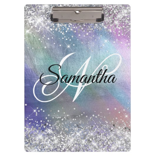 Zilveren Glitter Iriserende Folie Fancy Monogram Klembord (Voorkant)