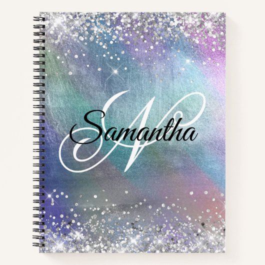 Zilveren Glitter Iriserende Folie Fancy Monogram Notitieboek (Voorkant)