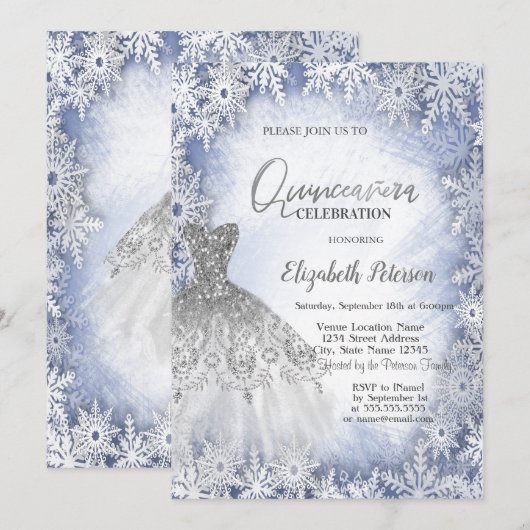 Zilveren Glitter Jurk Blauw Sneeuwvlokken Quincean Kaart (Voorkant / Achterkant)