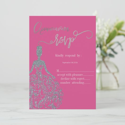 Zilveren Glitter Jurk Fuschia RSVP Uitnodiging (Staand voorkant)