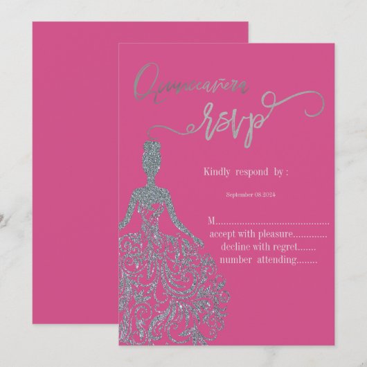 Zilveren Glitter Jurk Fuschia RSVP Uitnodiging (Voorkant / Achterkant)