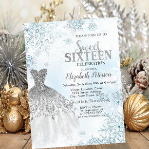 Zilveren Glitter Jurk Sneeuwvlokken Sweet 16 Feest Kaart