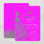 Zilveren Glitter Jurk Tiara Fuschia Quinceanera Kaart (Voorkant / Achterkant)