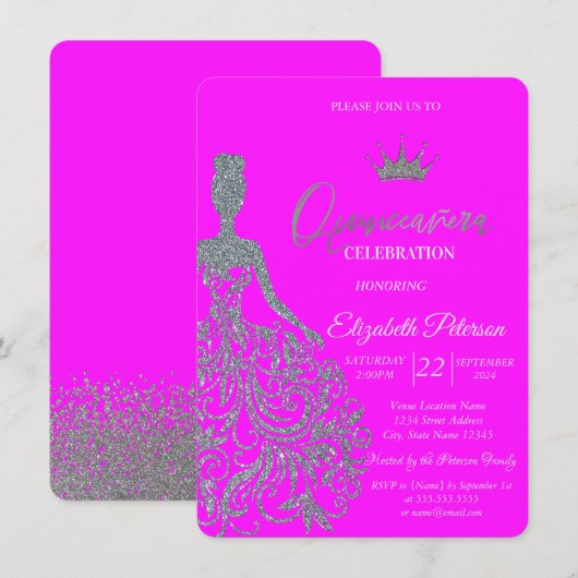Zilveren Glitter Jurk Tiara Fuschia Quinceanera Kaart (Voorkant / Achterkant)