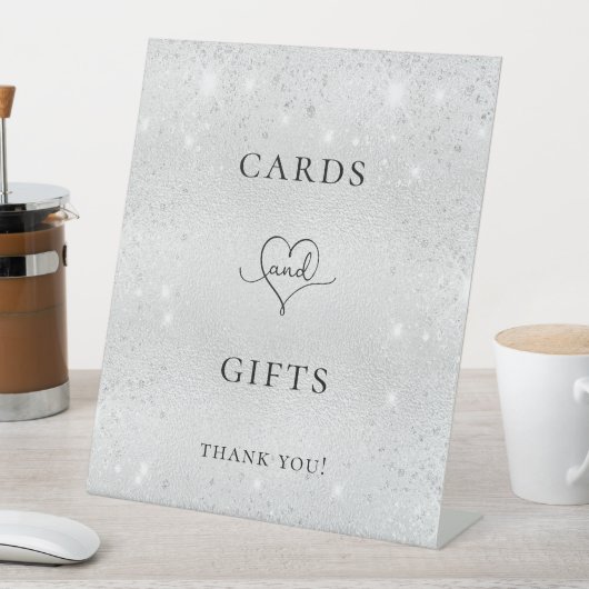 Zilveren glitter kaarten cadeau party reclamebord met voetstuk (Insitu)