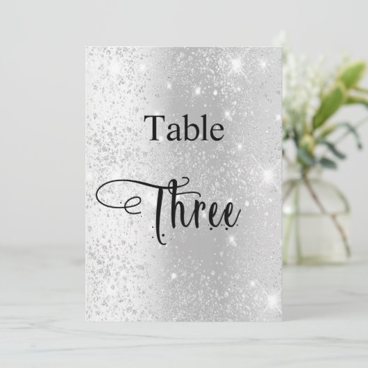 Zilveren glitter kalligrafie tafel drie 3 kaart (Staand voorkant)