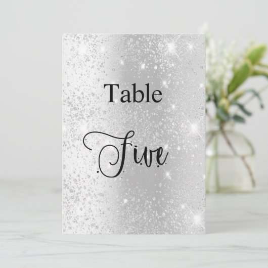 Zilveren glitter kalligrafie tafel vijf 5 kaart (Staand voorkant)