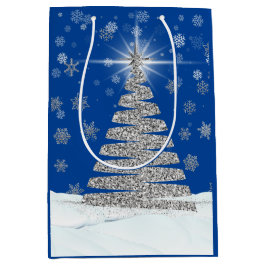 Zilveren Glitter Kerstboom op blauw Medium Cadeauzakje