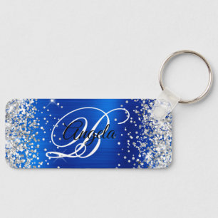 Zilveren Glitter Koningsblauw Folie Fancy Monogram Sleutelhanger