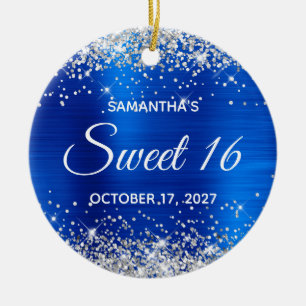 Zilveren Glitter Koningsblauwe Folie Sweet 16 Verj Keramisch Ornament