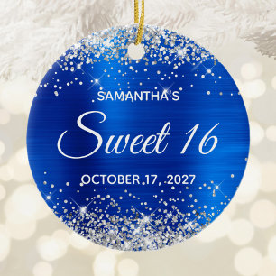 Zilveren Glitter Koningsblauwe Folie Sweet 16 Verj Keramisch Ornament