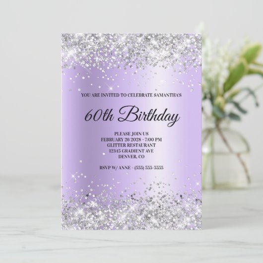 Zilveren Glitter Lavendel Satin Folie 60e Verjaard Kaart (Staand voorkant)