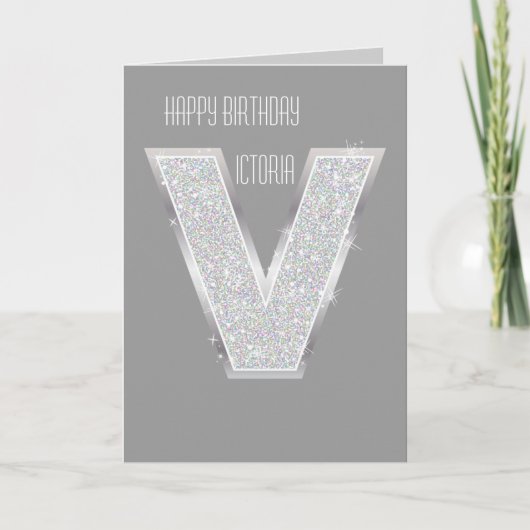 Zilveren Glitter Letter V Kaart (Voorkant)