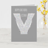 Zilveren Glitter Letter V Kaart (Gele Bloem)