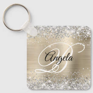 Zilveren Glitter Licht Gouden Folie Fancy Monogram Sleutelhanger